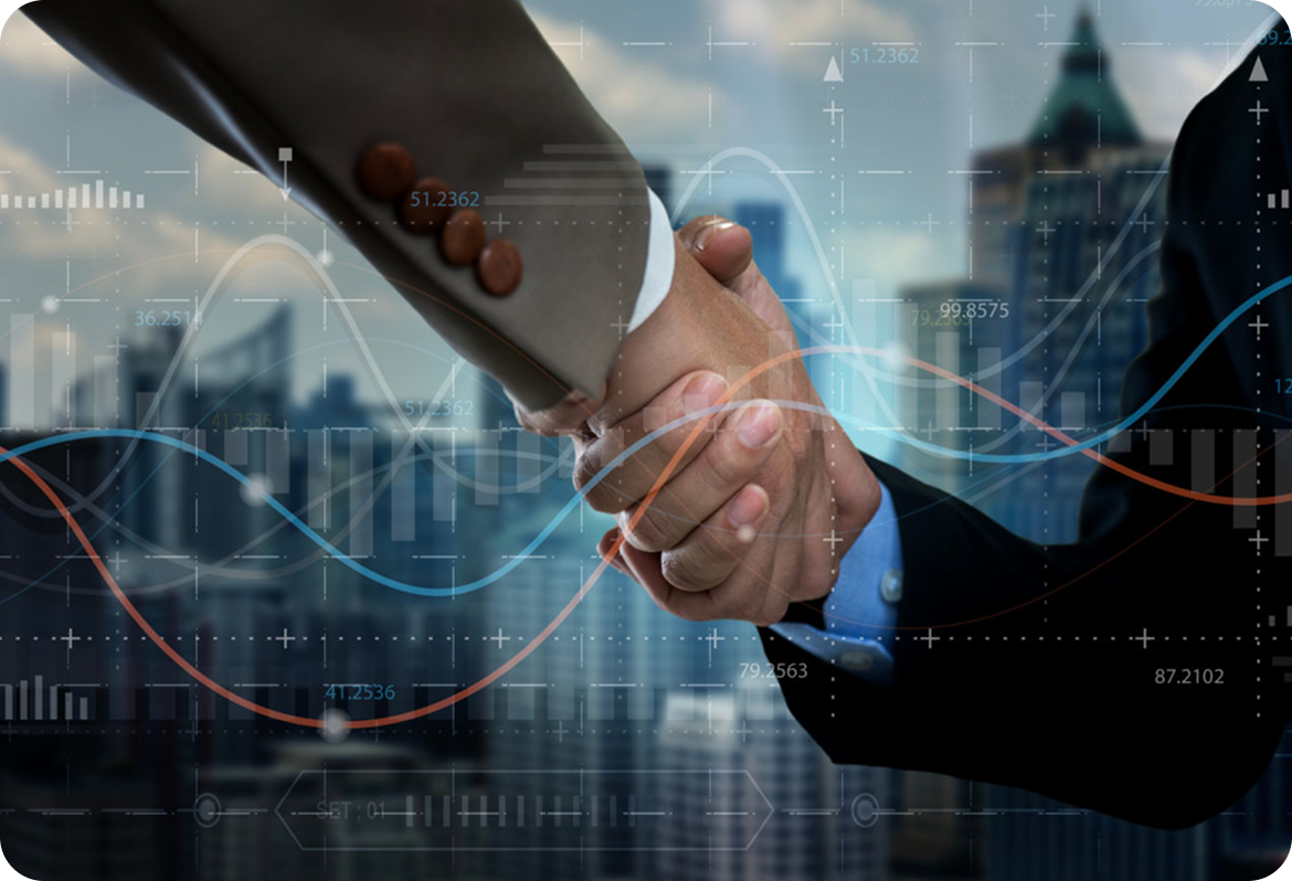 Business handshake with financial graph overlay.