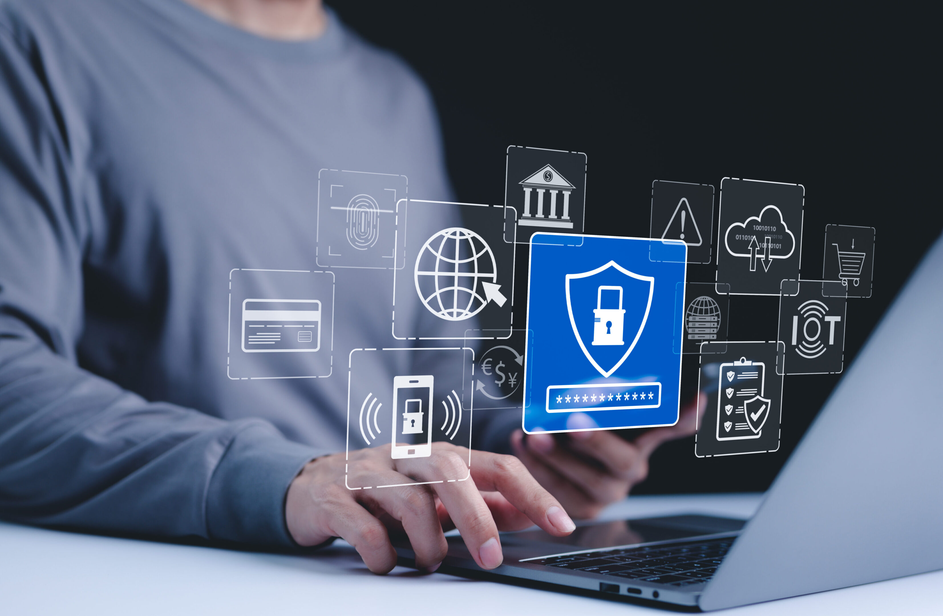 Cybersecurity protection and data security concept. Digital icons representing cyber security, data protection, encryption, and secure access. online security, privacy, defense against cyber threats,