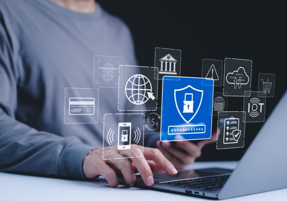 Cybersecurity protection and data security concept. Digital icons representing cyber security, data protection, encryption, and secure access. online security, privacy, defense against cyber threats,